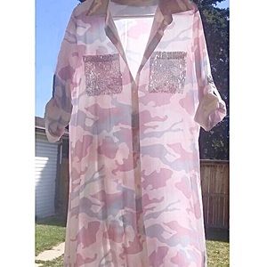 NEW Camo print /long sleeve/ stylish sequin pockets/ coverup/ duster/ dress